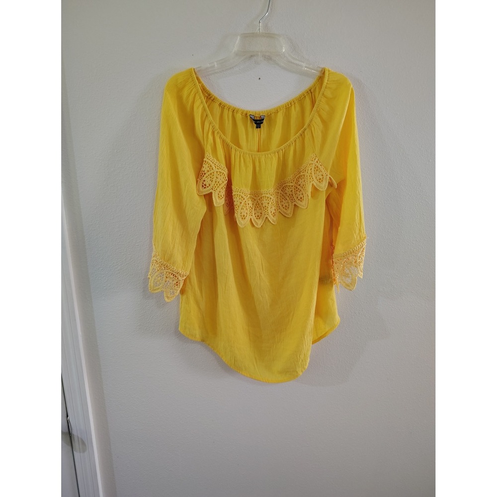 Unique Spectrum Yellow Crochet Lace Ruffle Blouse 3/4 Sleeve Top Plus Size 1X